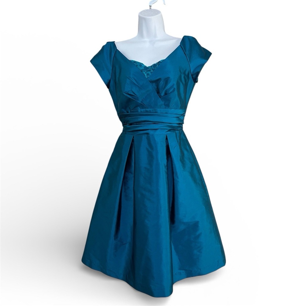 Alfred Sung Teal Satin Fit‎ Flare Dress Sz 6 Lace V-Neck Formal Cocktail Party
